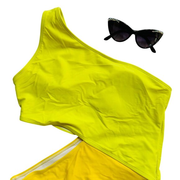 Yellow One Shoulder Cheeky One-Piece Swimsuit With Side Cut-Out Design - Picture 2 of 7